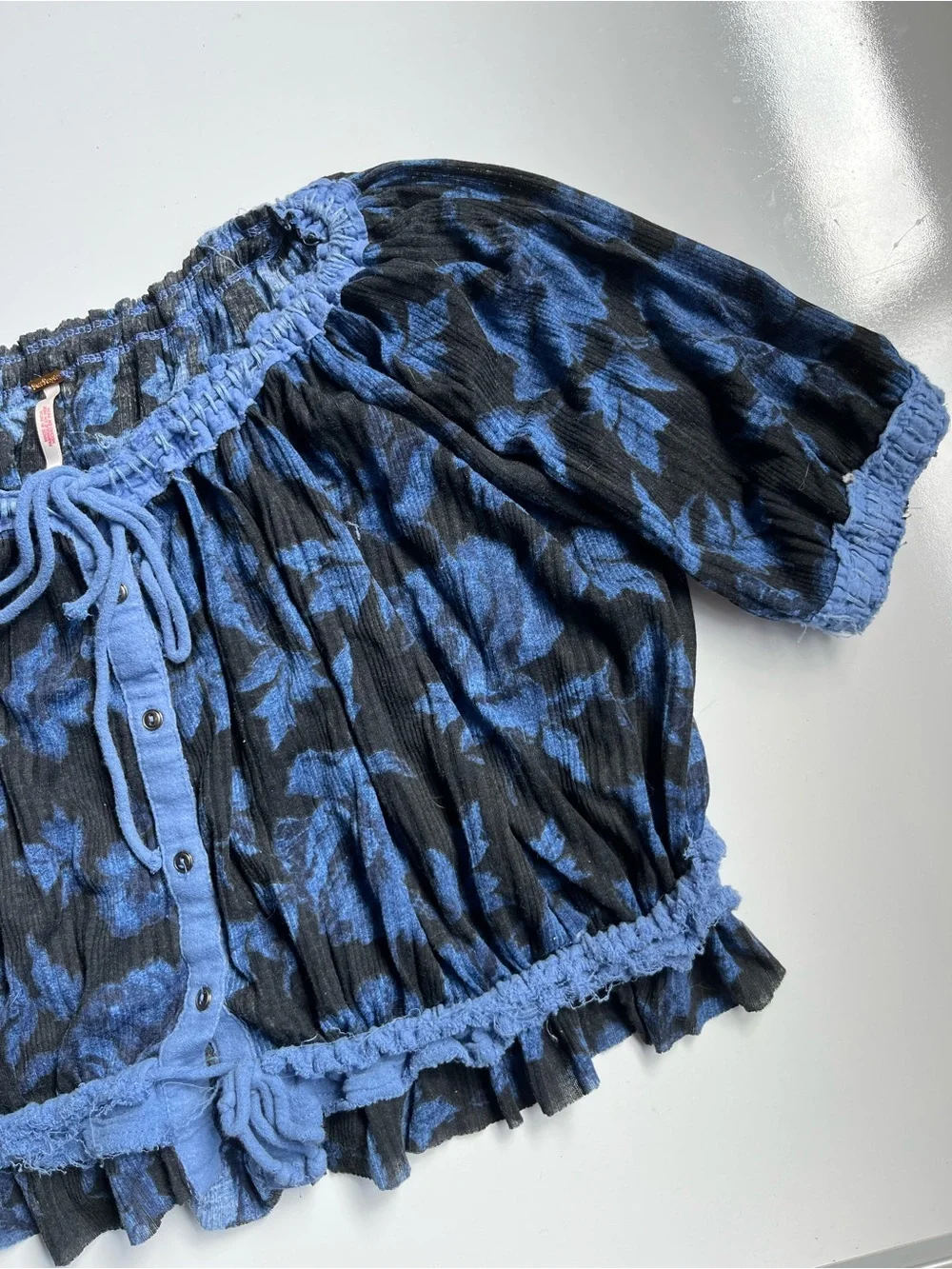 Free People perfect day Blue and Black Floral Smocked Crop Blouse
